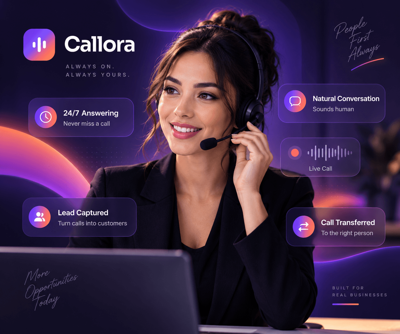 A Callora AI receptionist wearing a headset at her desk, with live status cards showing 24/7 answering, natural conversation, lead captured and call transferred